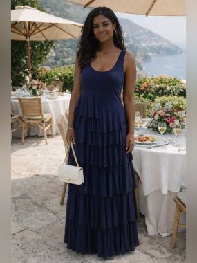 Style & Co Sleeveless Navy Tiered Ruffle Maxi Dress